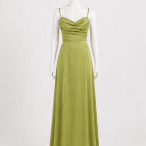Vestito lungo in raso verde oliva - fronte